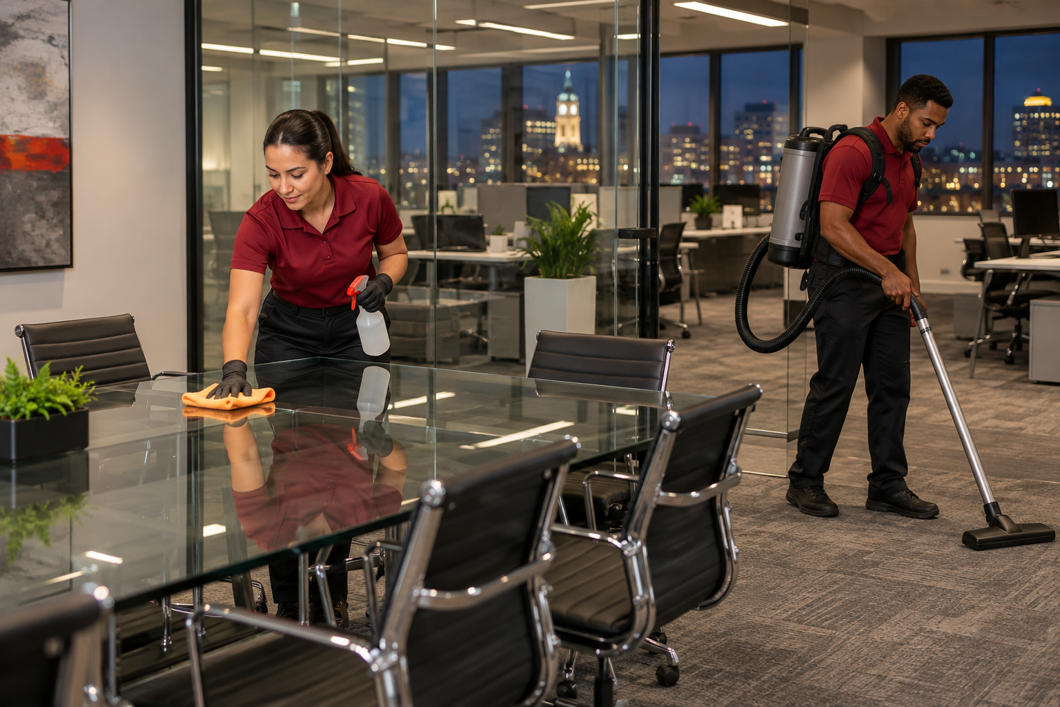 Commercial cleaning professionals maintaining a modern office