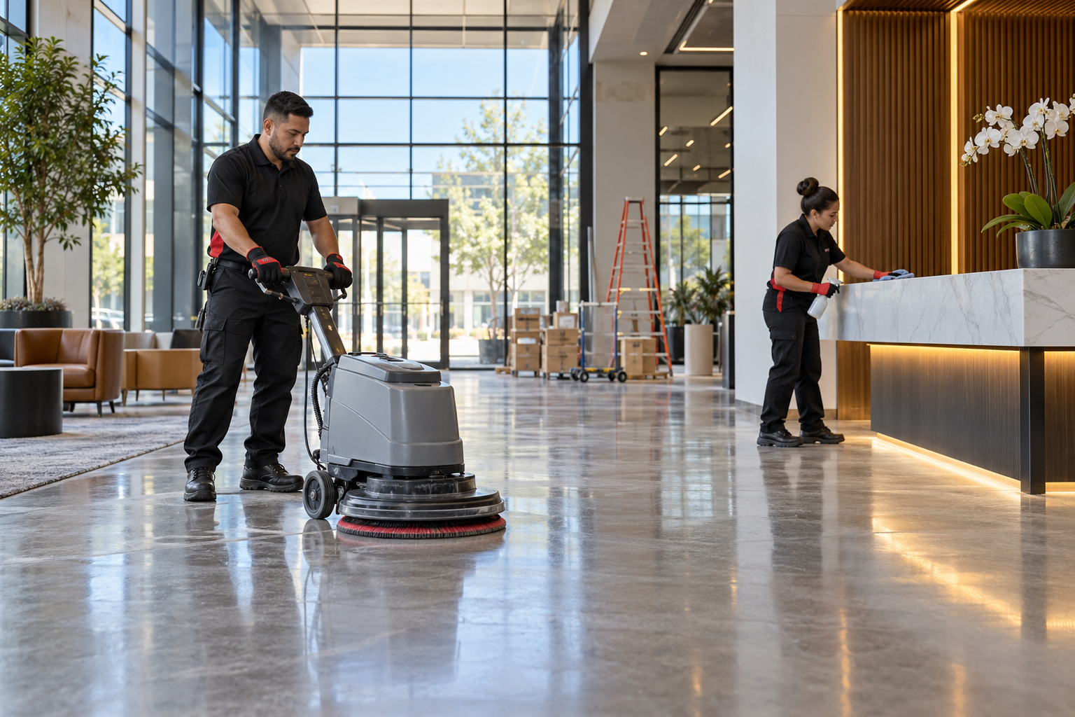 Post-construction cleaning team in a commercial lobby